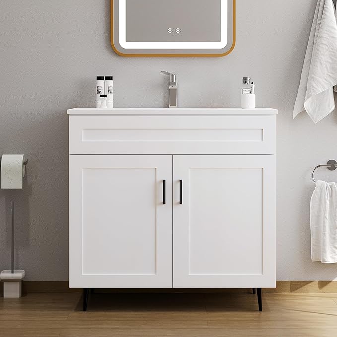 36 Inch Bathroom Vanity with Sink, Modern Wooden Freestanding Bathroom Storage Cabinet with 2 Doors and 1 Drawer, Metal Legs, Painted Surface, White