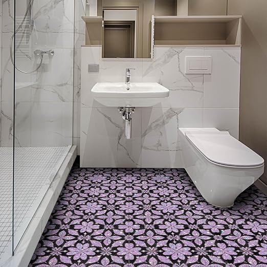 Purple Sparkle Geometric Peel and Stick Floor Tiles 12x12 Inch 10PCS | Purple floral geometric pattern with a printed sparkle look vinyl tiles for kitchen bathroom entryway and indoor decor
