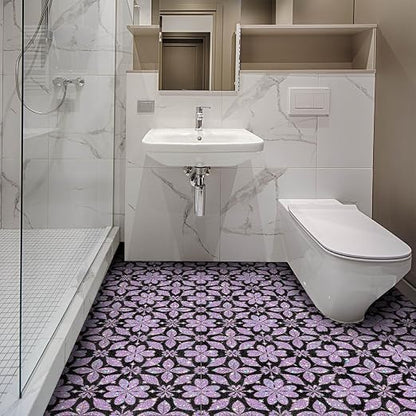Purple Sparkle Geometric Peel and Stick Floor Tiles 12x12 Inch 10PCS | Purple floral geometric pattern with a printed sparkle look vinyl tiles for kitchen bathroom entryway and indoor decor