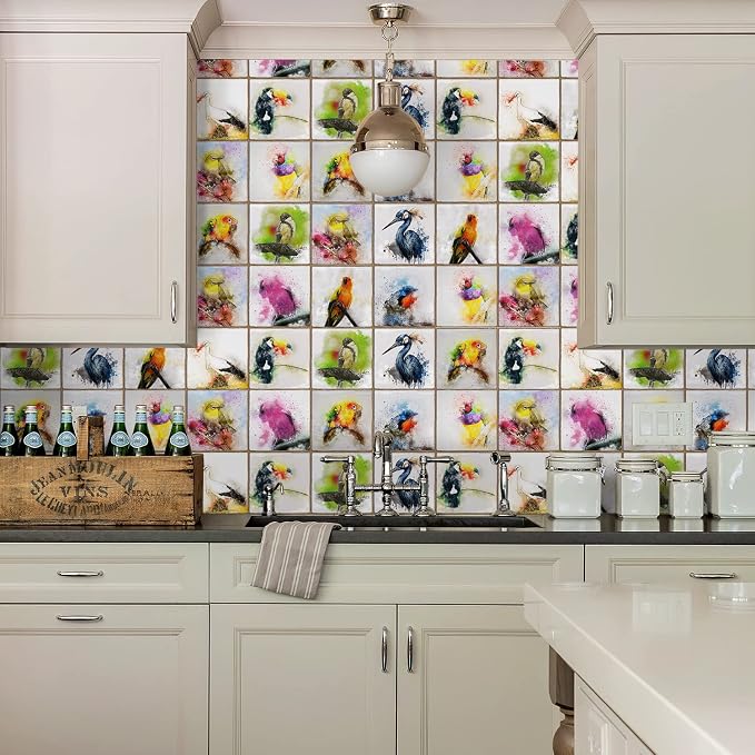 Alwayspon Vinyl Sticker Peel and Stick, Self-Adhesive Wall Tile Transfers Backsplash Sticker Decal for Kitchen Bathroom, 6x6inch/15x15cm 30Pcs, Birds T033
