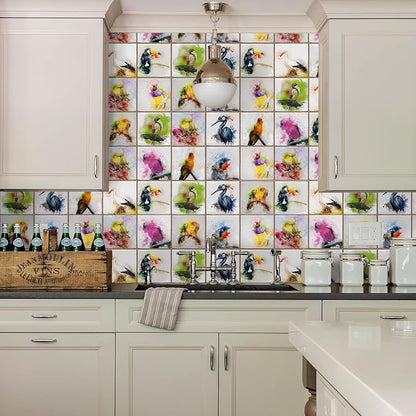 Alwayspon Vinyl Sticker Peel and Stick, Self-Adhesive Wall Tile Transfers Backsplash Sticker Decal for Kitchen Bathroom, 6x6inch/15x15cm 30Pcs, Birds T033
