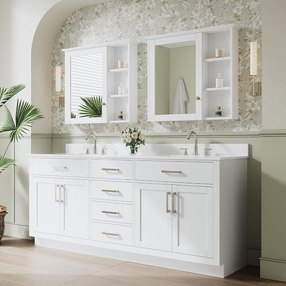 80-Inch Bathroom Vanity with Double Sinks W/ 4 Doors & 4 Drawers & 2 Flip Drawers, White Vanity W/Brushed Nickel Handles