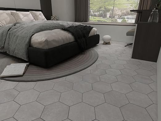 W&S 1-Sheet Matte Warm Grey Peel and Stick Flooring Tile,Thicker Hexagon Stick on Backplash for Kitchen,Self Adhesive Faux Stone Floor Tile for Living Room,Bathroom,Bedroom