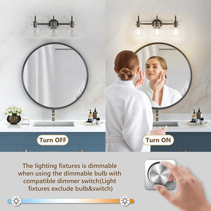 3 Lights Bathroom Vanity Light Fixtures Over Mirror Modern Black | Wall Sconce,Elegant Globe Glass Shade,E26 Base, UL Certified,Anti-Rust,Damp Rated,Matte Black,Bathroom Bedroom Living Room
