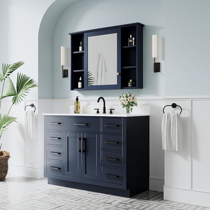 48-Inch Bathroom Vanity with Sink W/ 2 Doors & 8 Drawers & 1 Flip Drawer, Navy Blue Vanity W/Matte Black Handles