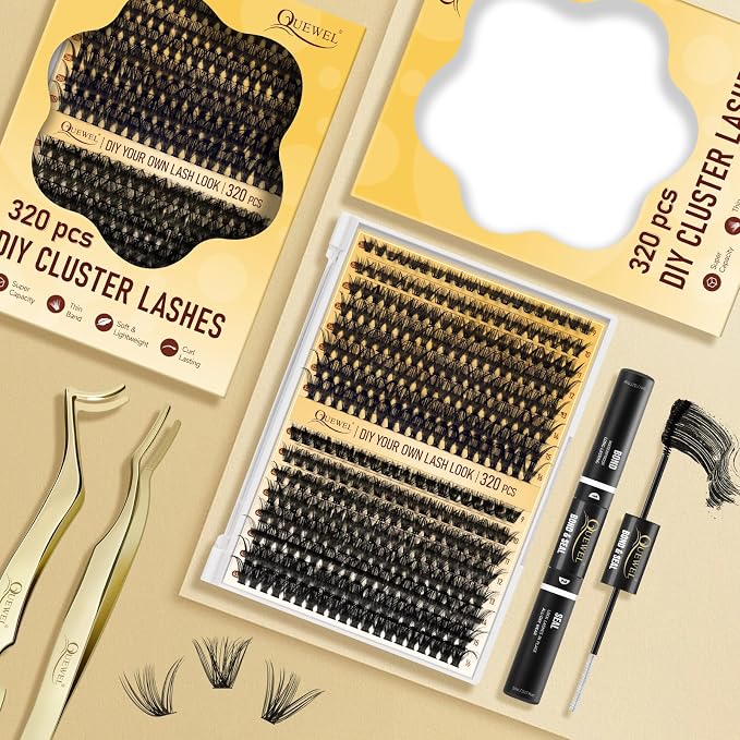 QUEWEL Lash Clusters 320Pcs 35D+45D C Curl Lash Cluster Eyelash Extensions | Cluster Lashes Mix9-16mm Individual Eyelashes Clusters Wispy Lash Clusters Thin Band Soft to Use at Home(35D+45D C Mix9-16)