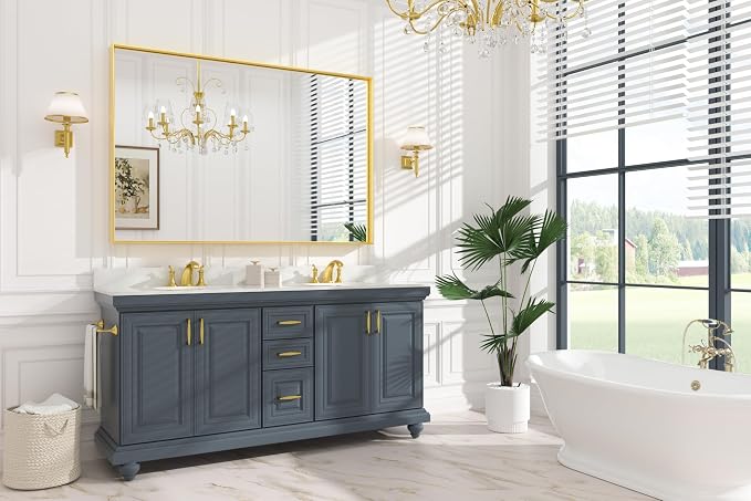 Keonjinn 60x40 Inch Gold Bathroom Mirror for Over Sink, Rectangular | HD Tempered Glass, Vanity Mirror, Brushed Framed, Square Corner, Modern Farmhouse, Wall Mounted Mirrors, Aluminum Alloy