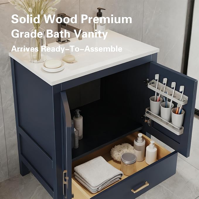 30" Blue Bathroom Vanity Base Only – Freestanding Solid Wood Sink Cabinet with Bottom Drawer, Shaker Style Storage, No Top or Sink, 30" W x 21" D x 34.5" H