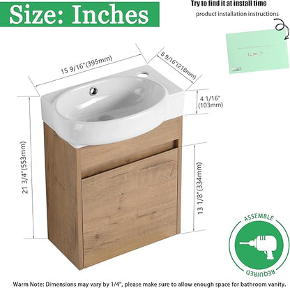16 inch Floating Bathroom Vanity with Sink, 16'' Wall-Mount Single Sink Vanity with Soft-Close Door & White Ceramic Top, for Small Space, Modern Bathroom Storage Cabinet (029-16IMOX)