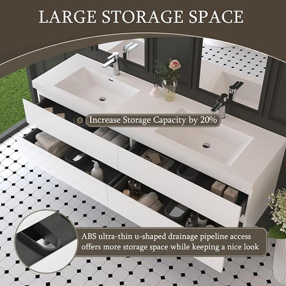 72 Inch Floating Bathroom Vanity with Double Sink, Large Storage Wall Mounted Floating Vanity with 4 Soft Close Drawers, One-Piece Basin Bathroom Sink Cabinet (Glossy White, 72 Inch double sink)