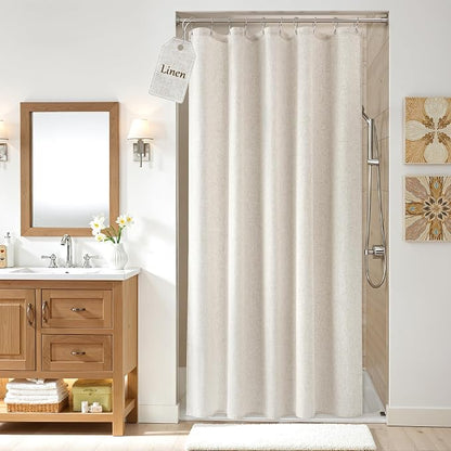 Linen Shower Curtain for Bathroom 54x72 Inch 1 Panel Cream Beige | Small Shower Curtains with Hook for Camper RV Narrow Singel, Neutral Rustic Boho Farmhouse, Simple Shower Decor,Natural Ivory