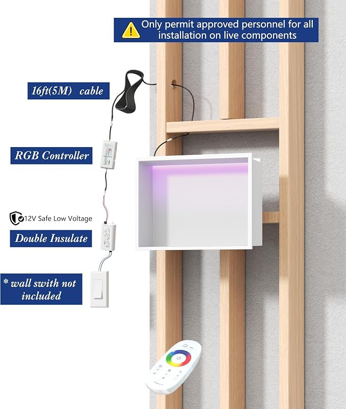 White Stainless Steel Shower Niche 18x12Inch, Dimmable RGB Led Light Wall Niche, No Tile Needed Recessed for Bathroom Storage Built-in Installation