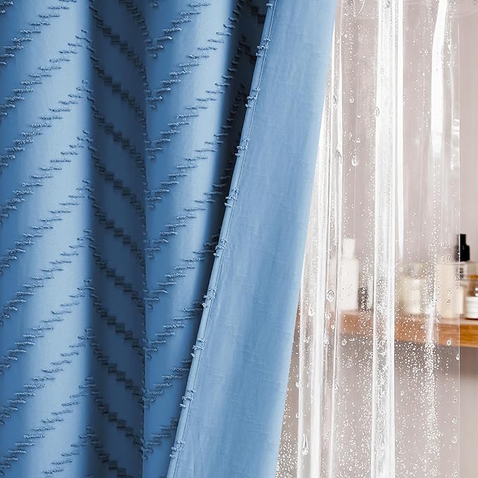 Dynamene Moonlight Blue Boho Shower Curtain and Liner Set, Farmhouse Fabric Shower Curtain and Waterproof Clear Liner, Tufted Chevron Striped Tassel Shower Curtains for Bathroom, 12 Hooks, 72x72