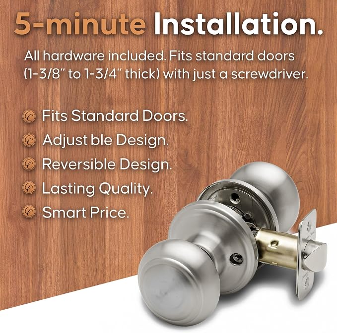 Copper Creek Colonial Passage Interior Door Knob – ANSI Grade-3 Certified, Modern Heavy Duty Handle, Easy Install and Reversible for Bedroom, Bathroom and Closets – Satin Stainless (2 Pack)