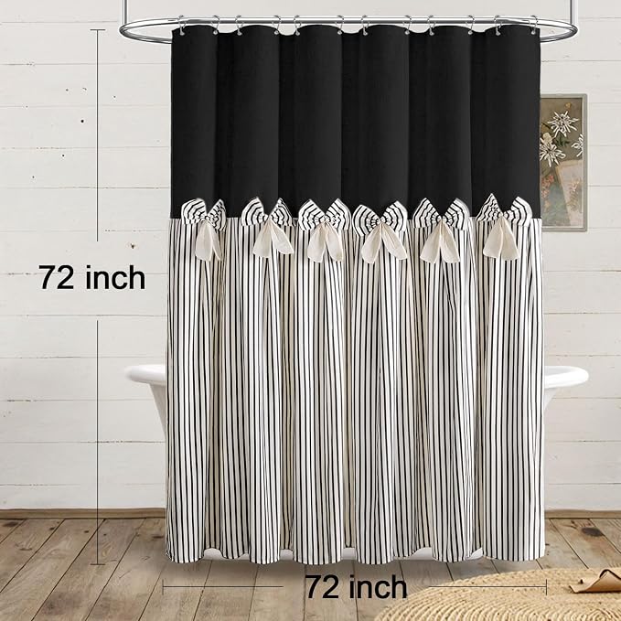 Farmhouse Shower Curtain Linen Bow Pleated Black Stripe 72"W x 72"L | Farmhouse Style, Chic Bow, Striped, Linen Fabric, Rustic, Country, Natural Look, Washable, for Bathroom Bathtub