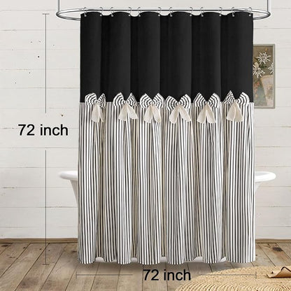 Farmhouse Shower Curtain Linen Bow Pleated Black Stripe 72"W x 72"L | Farmhouse Style, Chic Bow, Striped, Linen Fabric, Rustic, Country, Natural Look, Washable, for Bathroom Bathtub