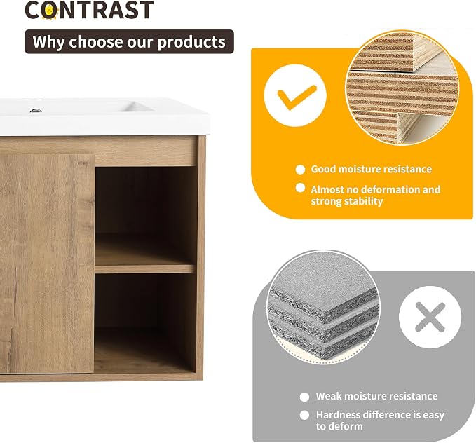 48" Wall Mounted Bathroom Vanity with Double Sink, Imitative Oak | 48 Inch Modern Floating Cabinet with Center Open Shelf & Soft-Close Doors, 2 Resin Basins