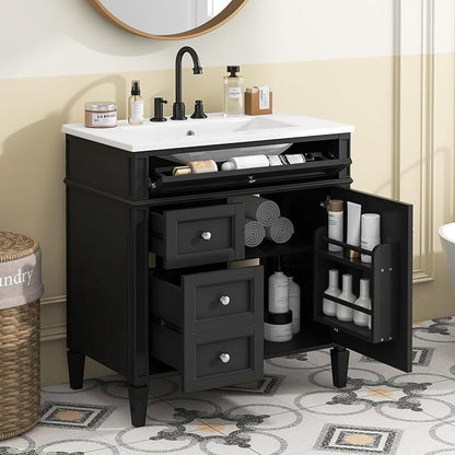 Merax 30 inch Bathroom Vanity with Ceramic Sink, Solid Wood Frame Modern Bathroom Sink Storage Cabinet with 2 Drawers and a Tip-Out Drawer, Single Sink Bathroom Vanities, Black