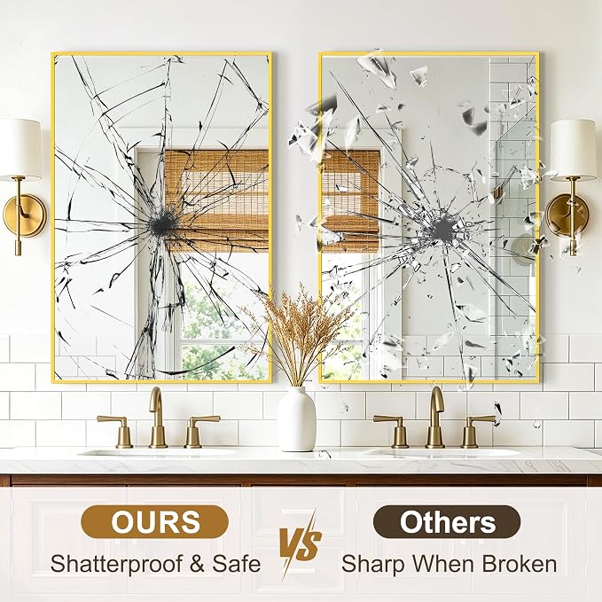 Rectangular Bathroom Mirror, 36"x24" Gold Metal Framed Vanity Mirror | HD Shatterproof Wall Mirror, Horizontal or Vertical Hanging, Easy Installation for Bathroom, Bedroom, Living Room, Entryway