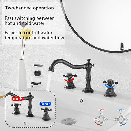 GGStudy Two Handles Three Holes Faucet 8-16 inch Widespread Bathroom Sink Faucet Oil Rubbed Bronze Basin Tap Mixer Supply Hose Included Matching Metal Pop Up Drain