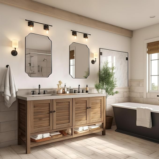 20"x30" Matte Black Mirror, Bathroom Vanity Mirror, Modern Scalloped Mirror in Premium Stainless Steel Thin Frame, Unique Rounded Notched Corners, Compact Size for Small Bathroom Remodel