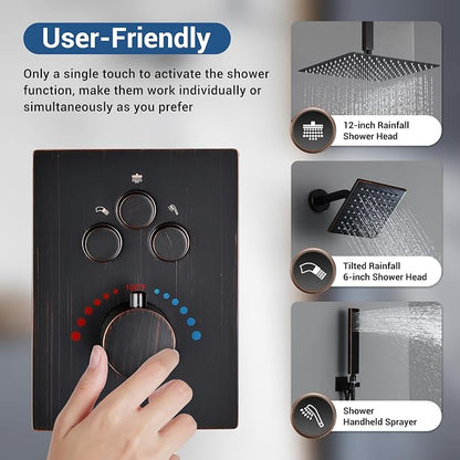 Thermostatic Dual Shower System, Oil Rubbed Bronze Shower Faucet | 12 Inch Ceiling Rainfall Shower, 6 Inch Wall Mount Head, High Pressure Handheld Sprayer, Push Button Valve