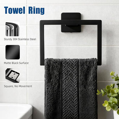 7-Piece Matte Black Bathroom Accessories Hardware Set, Stainless Steel 16" Towel Bar, Towel Ring, Toilet Paper Holder with Shelf, 4 Towel Hooks, Wall Mounted for Bathroom, Kitchen, Hotel
