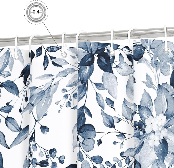 Navy Eucalyptus Shower Curtain, Watercolor Floral Print, 72x96 | Watercolor Plant Leaves Floral Print, Waterproof Fabric Bathroom Decor, Machine Washable, Rustproof Grommets