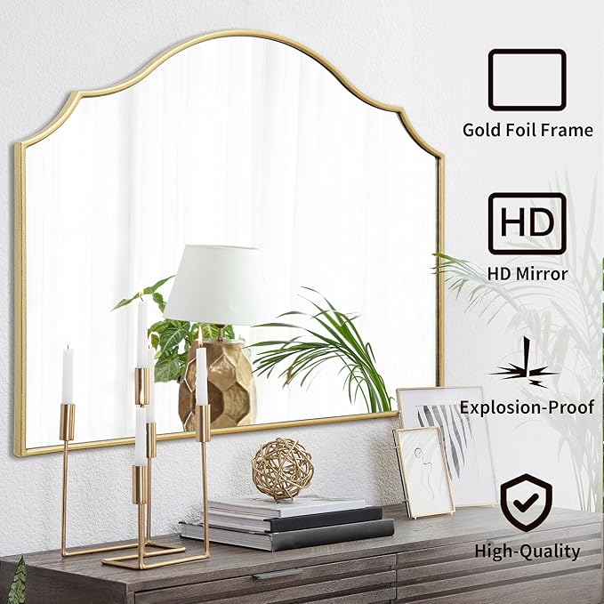 Besdomus Gold Scalloped Wall Mirror: 40"x29" Large Wooden Bathroom Mirror | Modern Minimalist Decorative Arched Mirror for Vanity/Dresser/Bedroom/Entryway/Fireplace/Living Room/Dining Room/Over Sink