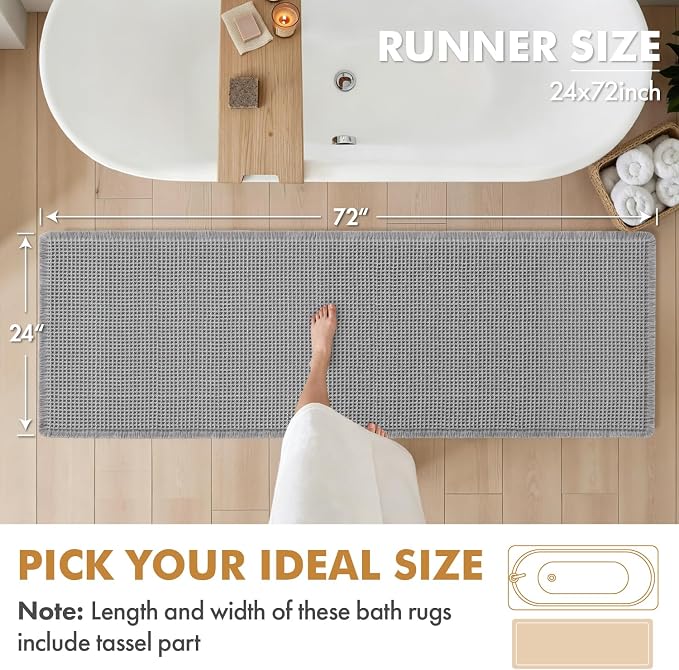 MIULEE Set of 2 Waffle Bathroom Runner Rugs Light Grey 2'x6'(24"x72") | Non Slip, Super Absorbent, Washable, Ultra Soft, Boho Bath Mats for Bathroom Hallway Bedroom Laundry Room Kitchen