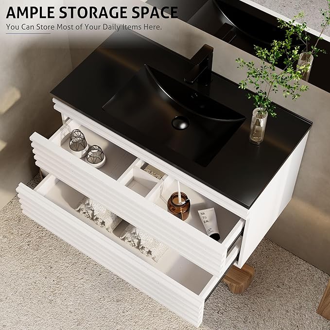 eclife 36" Floating Bathroom Vanity with Sink Combo, Mid-Century Wall Mounted Cabinet with Wood Stripes Decor, Drawers, Undermount Single Black Sink, Faucet, Drain, Mixed White
