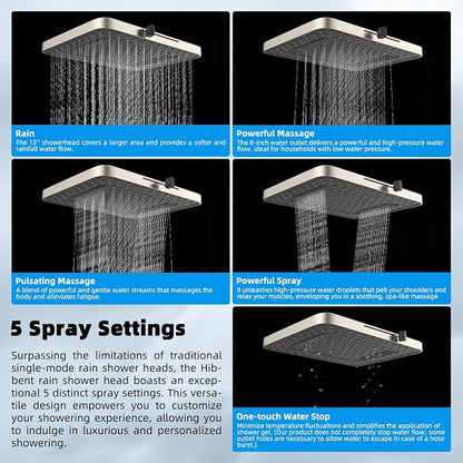 Hibbent 13'' Filtered Shower Head with 10-Spray Handheld, Brushed Nickel | 5 Modes Rainfall Shower Head, High Pressure Showerhead Combo, 20 Stage Shower Filter, 12'' Extension Arm, 71'' Hose & Holder