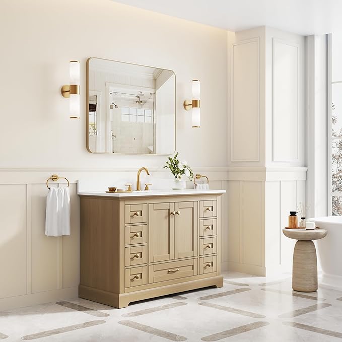 WELLFOR 48" Bathroom Vanity with Sink, Bathroom Freestanding Vanity W/ 2 Soft-Close Doors and 9 Soft-Close Drawers, Bathroom Cabinet Vanity with Cultured Marble Countertop (Oak)