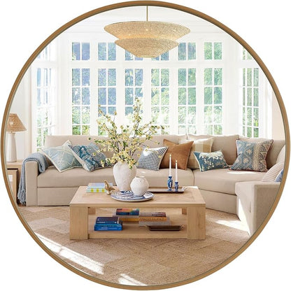 Round Wood Mirror, 40" Round Modern Decoration Large Circle Wall Mirror for Bathroom Living Room Bedroom Entryway, Natural