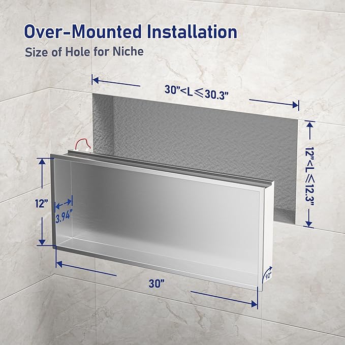 Led Shower Niche 30" X 12" Brushed with RGB Light 304 Stainless Steel Niche Shower for Bathroom Storage Waterproof Hardwired Dimmable Horizontal Installation