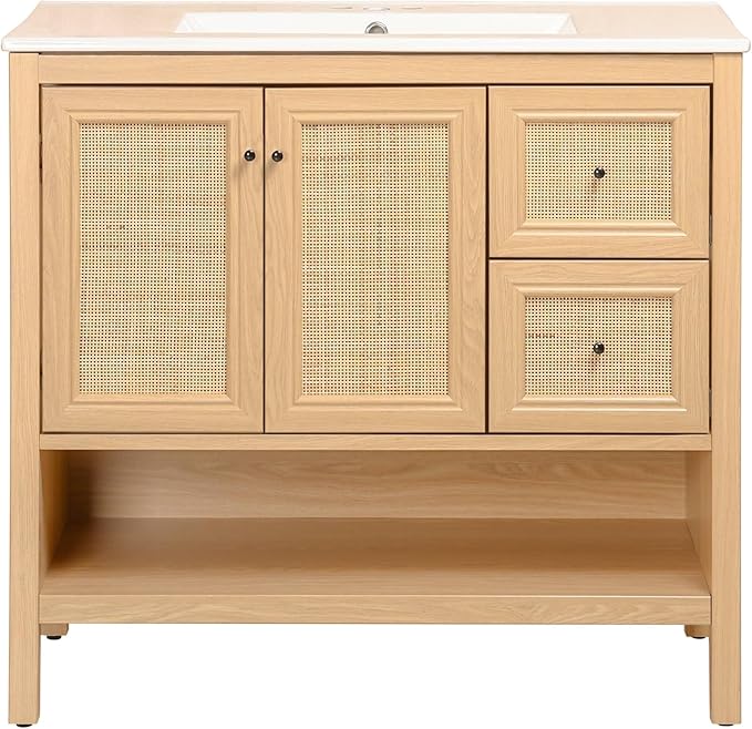 JONATHAN Y VAN1025A Jasper 36 in. W x 18 in. D x 33 in. H Rattan Modern Coastal 2-Shelf Bathroom Vanity Cabinet Only with Soft Closing Doors (Sink Basin Not Included), Oak