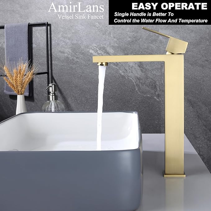 Brushed Gold Vessel Sink Faucet, Gold Bathroom Faucet Single Hole, Single Handle Tall Bathroom Sink Faucet with Pop Up Drain, AML-11411-BG