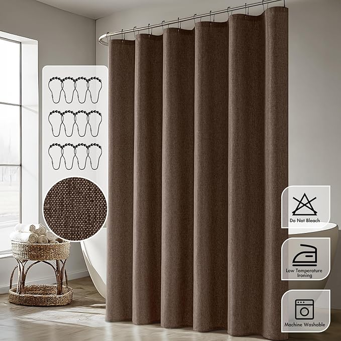 ANRODUO Extra Long Linen Shower Curtain, 84 Inch Long Fabric Shower Curtain Set with 12 Metal Hooks, Waterproof & Heavy Duty Polyester, Button Hole Design, Machine Washable for Bathroom, 72x84, Brown