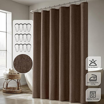 ANRODUO Brown Linen Textured Fabric Shower Curtain Set - W72xL84 | Farmhouse Shower Curtain with 12 Metal Hooks, Waterproof Heavy Duty, Button Hole Design, Machine Washable for Bathroom