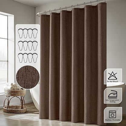 ANRODUO Linen Shower Curtain, Fabric Shower Curtain with 12 Metal Hooks, Waterproof Heavy Duty Polyester, Button Hole Design, Machine Washable for Bathroom Hotel Bathtub, W72xL72, Brown