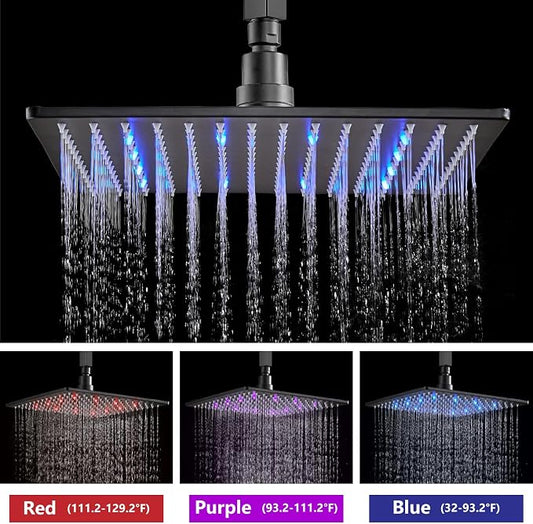 Aolemi Ceiling Shower Faucet Set with Handheld 12" LED Head Matte Black | Handheld Spray,12 Inch Rain LED Head,Shower Valve and Trim Kit,All Metal,Ceiling System,Bathroom Mixer
