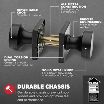 Kwikset Pismo Interior Passage Door Knob,Handle for Closet and Hallway Doors,Non-Locking Doorknob in Matte Black,with Microban Protection,(Pack of 4)