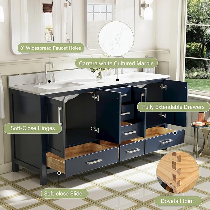 72-Inch Bathroom Vanity with Sink, 4 Soft-Close Doors and 6 Soft-Close Drawers, Bathroom Freestanding Vanity with Cultured Marble Countertop, Navy Blue Vanity with Brushed Nickel Handles