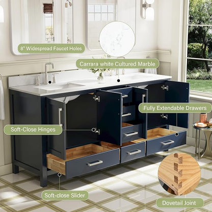 72-Inch Bathroom Vanity with Sink, 4 Soft-Close Doors and 6 Soft-Close Drawers, Bathroom Freestanding Vanity with Cultured Marble Countertop, Navy Blue Vanity with Brushed Nickel Handles