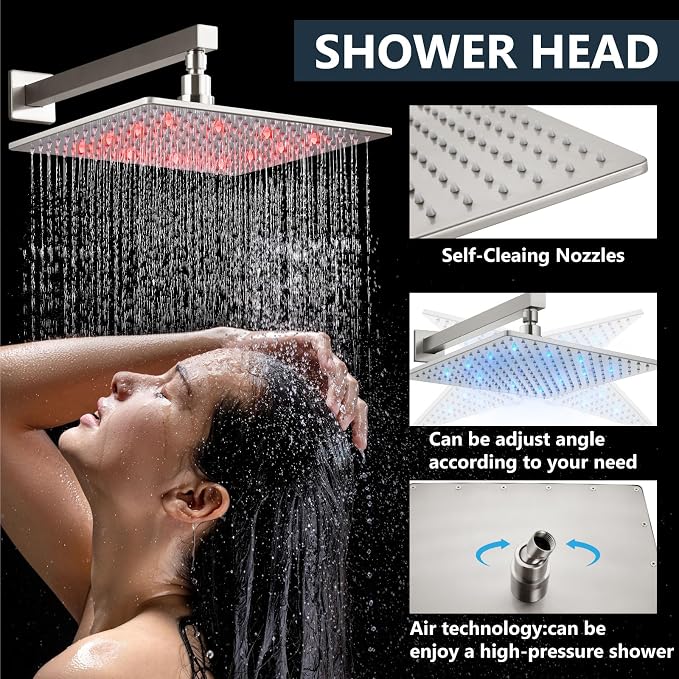 Aolemi Shower Faucet Set with Valve Handheld 12" LED Head Brushed Nickel | Handheld Spray,12 Inch Rain LED Head,Valve and Trim Kit,All Metal,Wall Mount Shower System,Bathroom Mixer