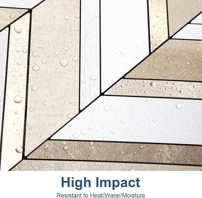 Yipscazo 10-Sheet Herringbone Backsplash Peel and Stick Tile, Beige Mixed Gray Stone Mixed Metal Gold PVC Stick on Backsplash for Kitchen, Waterproof Self Adhesive Wall Tiles for Bathroom
