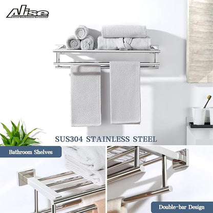 Alise Double Towel Rack for Bathroom Wall Mounted 20 Inch,Polished Chrome | SUS304 Stainless Steel Towel Rack with Shelf,Bathroom Tower Holder Towel Shelf with Double Towel Bars for Lavatory Kitchen