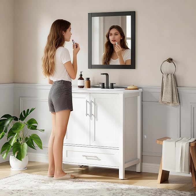 IDEALHOUSE 30" Bathroom Vanity with Sink, Freestanding Wooden Bathroom Vanity Cabinet with Soft-Closing Door and Metal Handle, Modern Floor Standing Storage for Small Spaces,White | White Bathroom Vanity With Sink & Adjustable Foot, Storage Cabinet Wit...