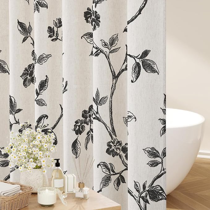MitoVilla Black Linen Floral Shower Curtain for Bathroom, 72 x 72 | Black BoHo Cottagecore Spring Shower Curtains, Modern Farmhouse Country Plant Leaves Bathroom Décor, 72 x 72