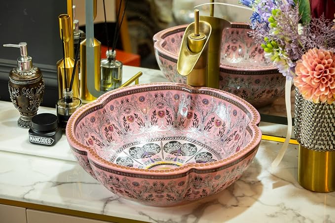 Bathroom Vessel Sinks Europe Style Pink Lucky Flower Ceramic Above Counter Sink for Vanity Top